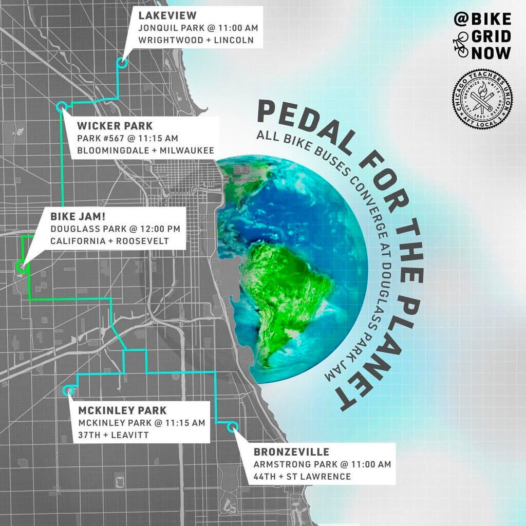 Map with the meeting times and locations of the bike buses and bike jams.