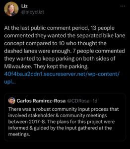 Tweet between Alder Carlos Ramirez-Rosa and Liz, where the alder claims they had robust public input, and Liz states said input was 30 people total, with 13 for protected, 10 for striped, and 7 for parking. 