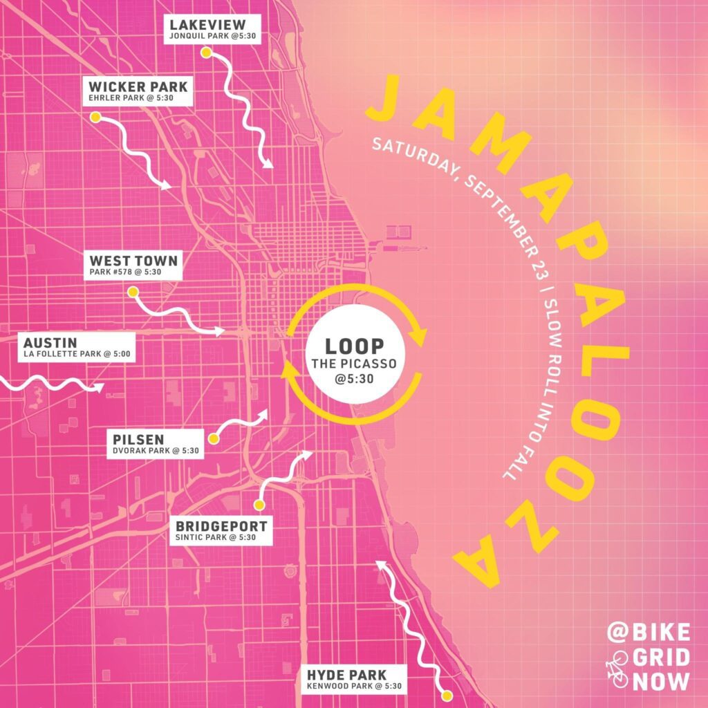 jamapooloza-2023-flyer, describing the bike bus locations to the loop
